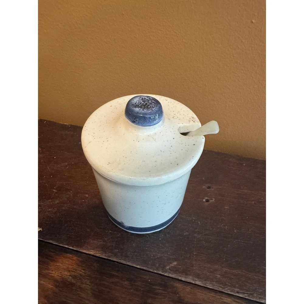 McCoy Speckled‎ Relish Mustard Jar with Lid & Spoon Blue White Farmhouse Decor